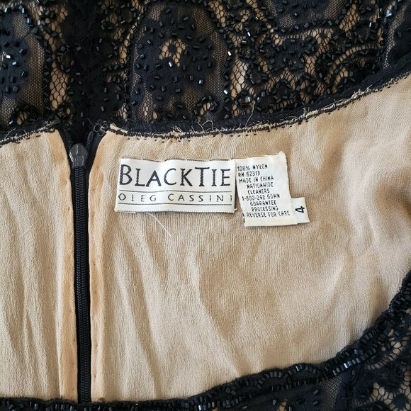 OLEG CASSINI BLACK TIE Size 4 Black & Beige LACE SEQUIN COCKTAIL DRESS - Picture 4 of 11